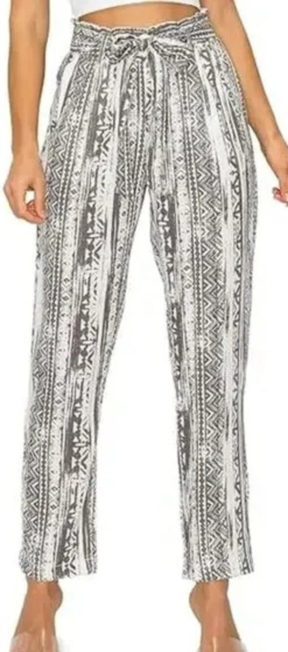 Cali 1850 Pull On Baggy High Waisted Belted Linen Tribal Print Beach Pants XS